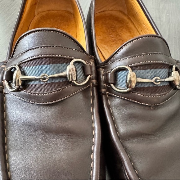 Gucci Brown Leather Horsebit Stripe Loafers shoes size 10.5 - Picture 7 of 12